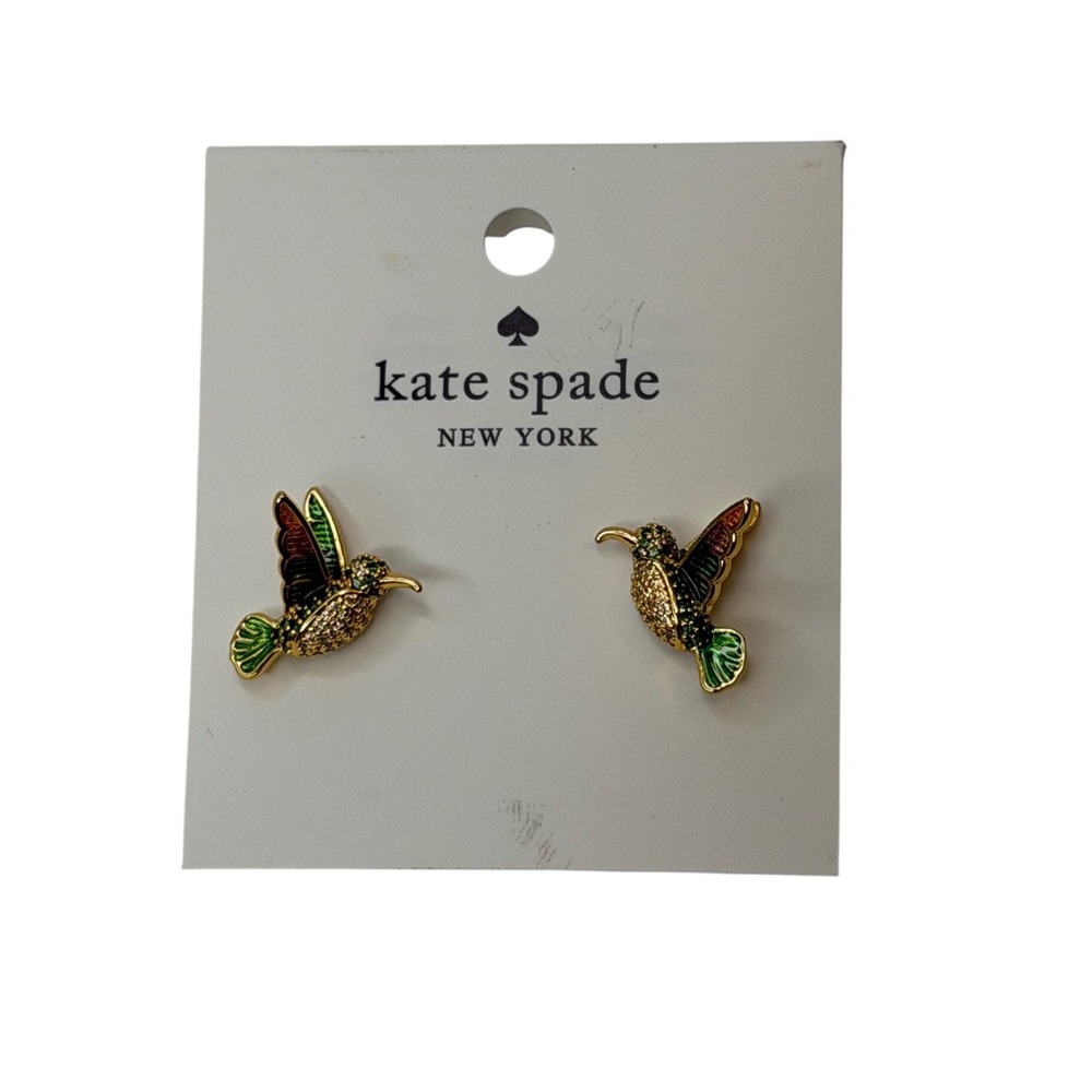 Kate Spade New York Hummingbird Stud Earrings Gold Tone Enamel Pave Crystal 021